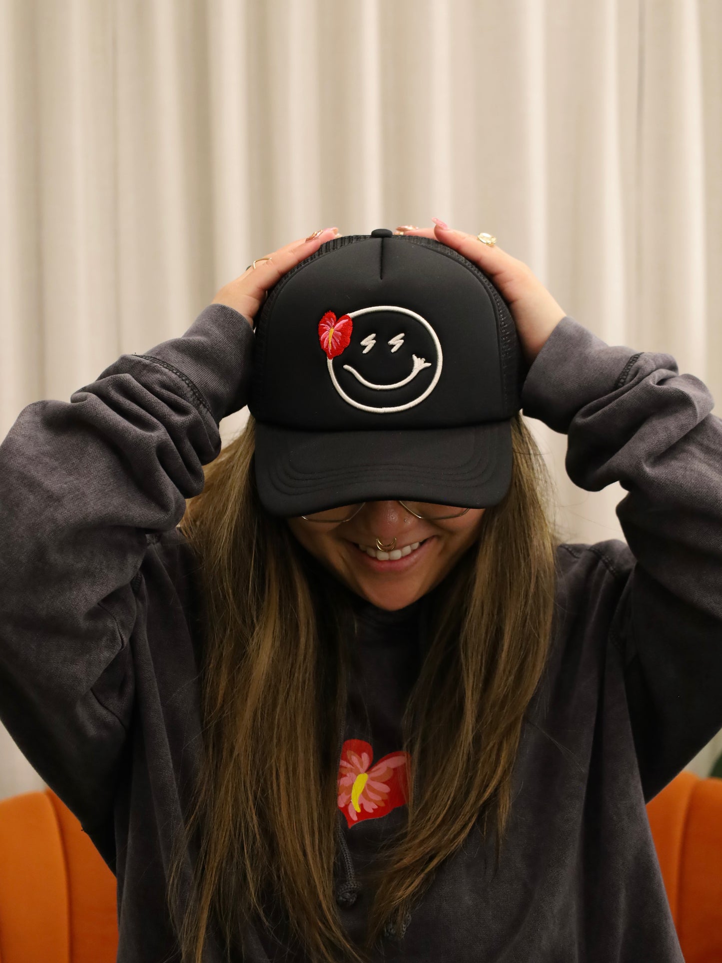SSH Smiley x Red Anthurium in Lava | Trucker Hat x SHORT STACK HAWAII