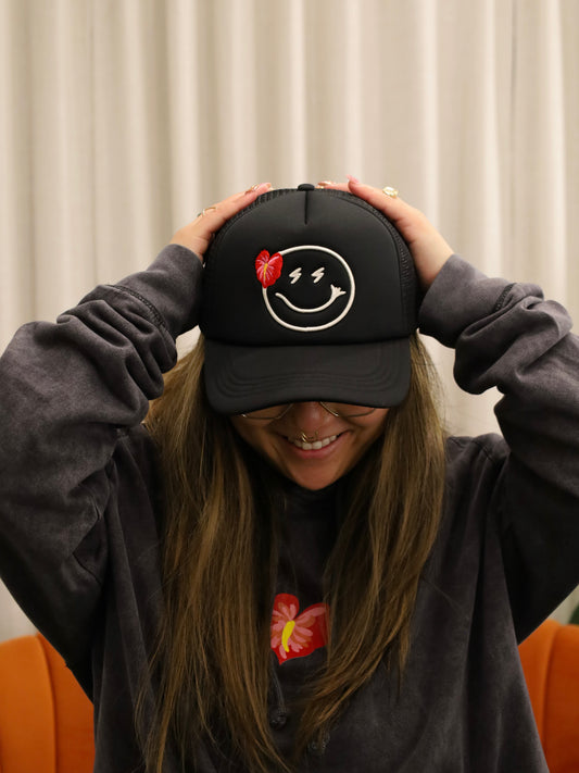 SSH Smiley x Red Anthurium in Lava | Trucker Hat x SHORT STACK HAWAII
