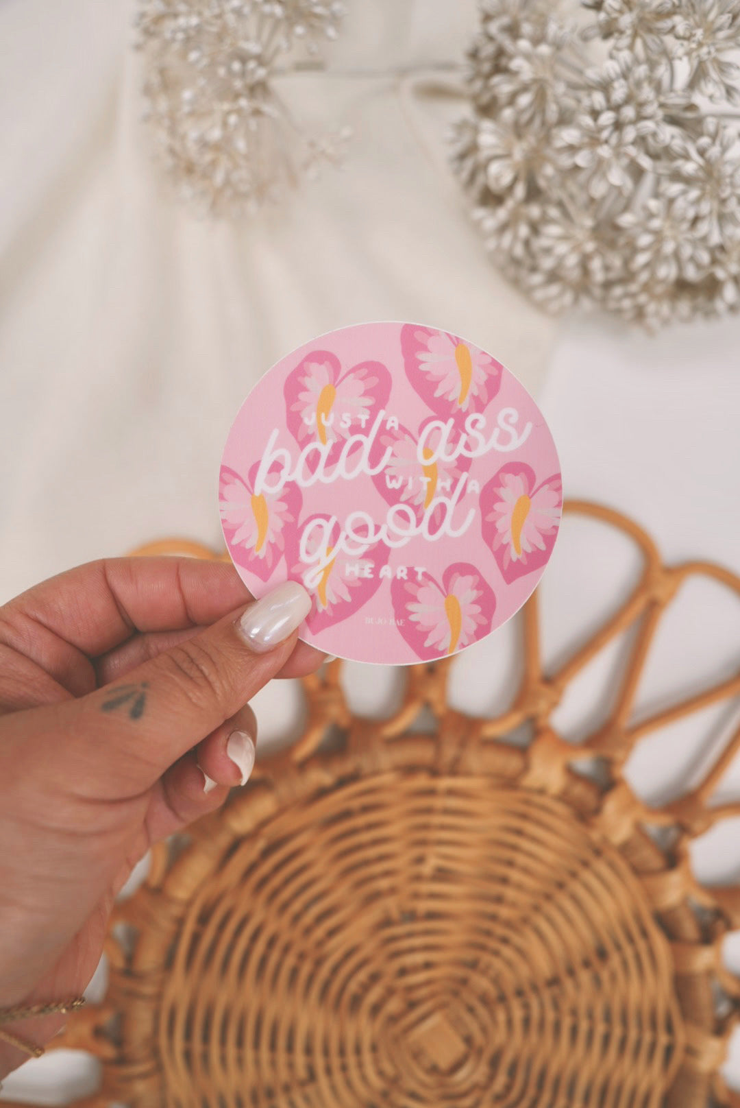 Just a Badass With a Good Heart in Hot Girl Pink Anthurium  | Vinyl Sticker