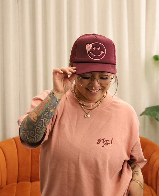 SSH Smiley x White Anthurium in Maroon | Trucker Hat x SHORT STACK HAWAII