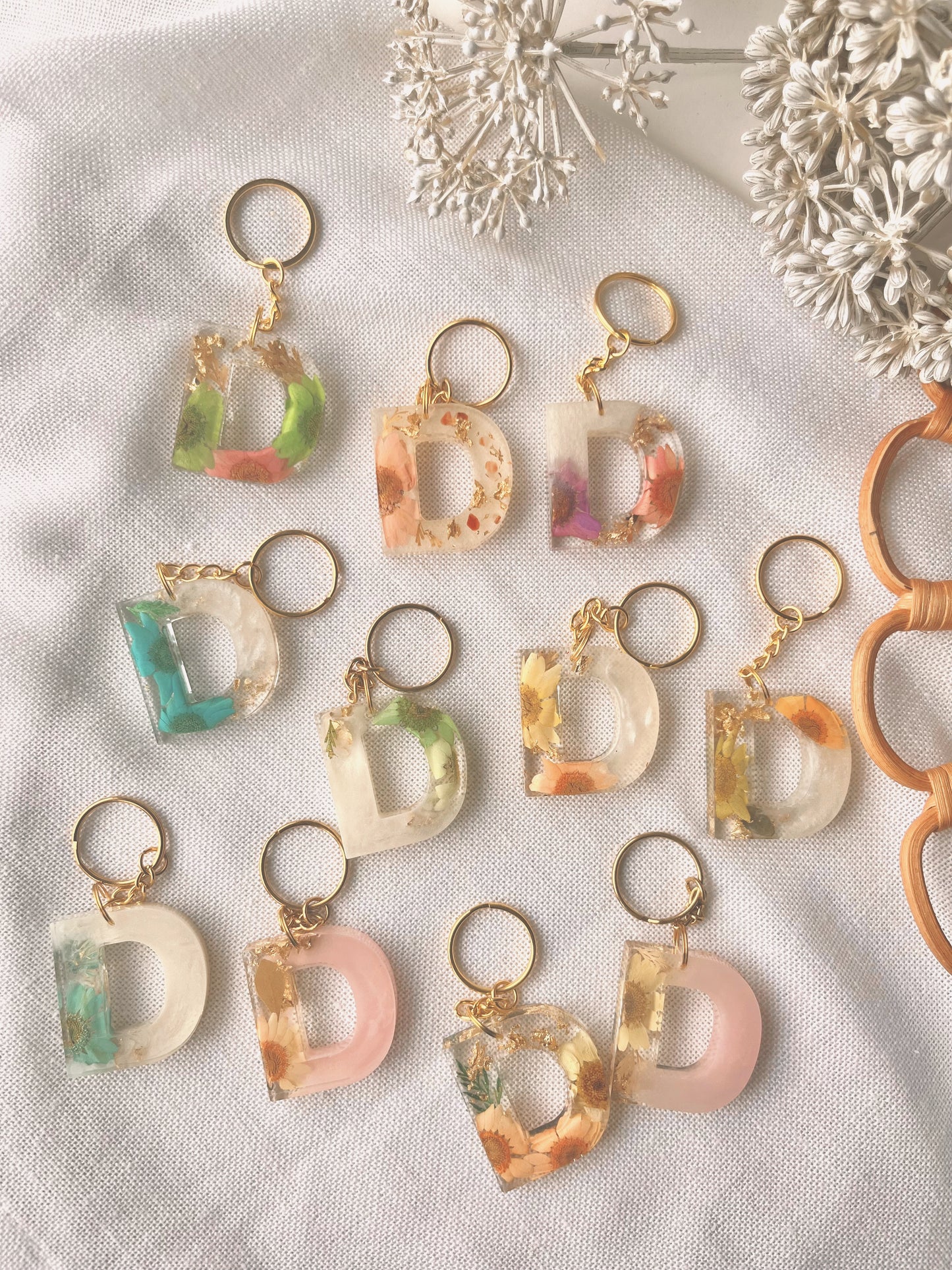 D in gold | Flower Resin Keychain : Ready to Ship