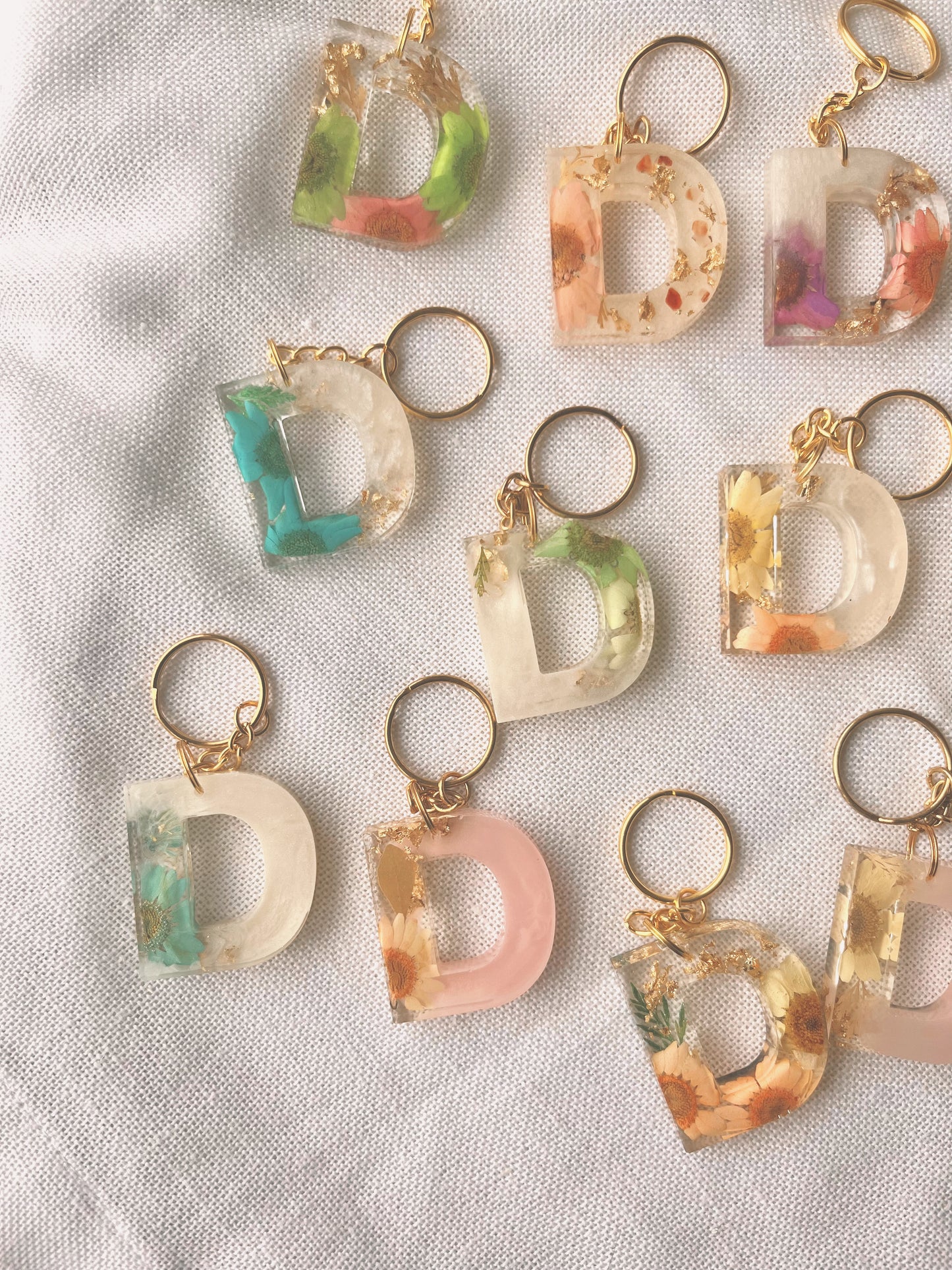 D in gold | Flower Resin Keychain : Ready to Ship