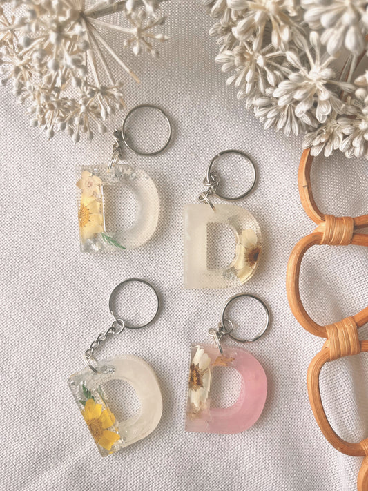 D in silver | Flower Resin Keychain : Ready to Ship