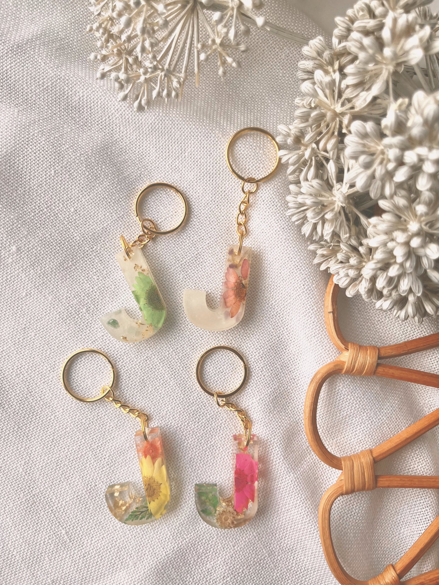 J in gold | Flower Resin Keychain : Ready to Ship