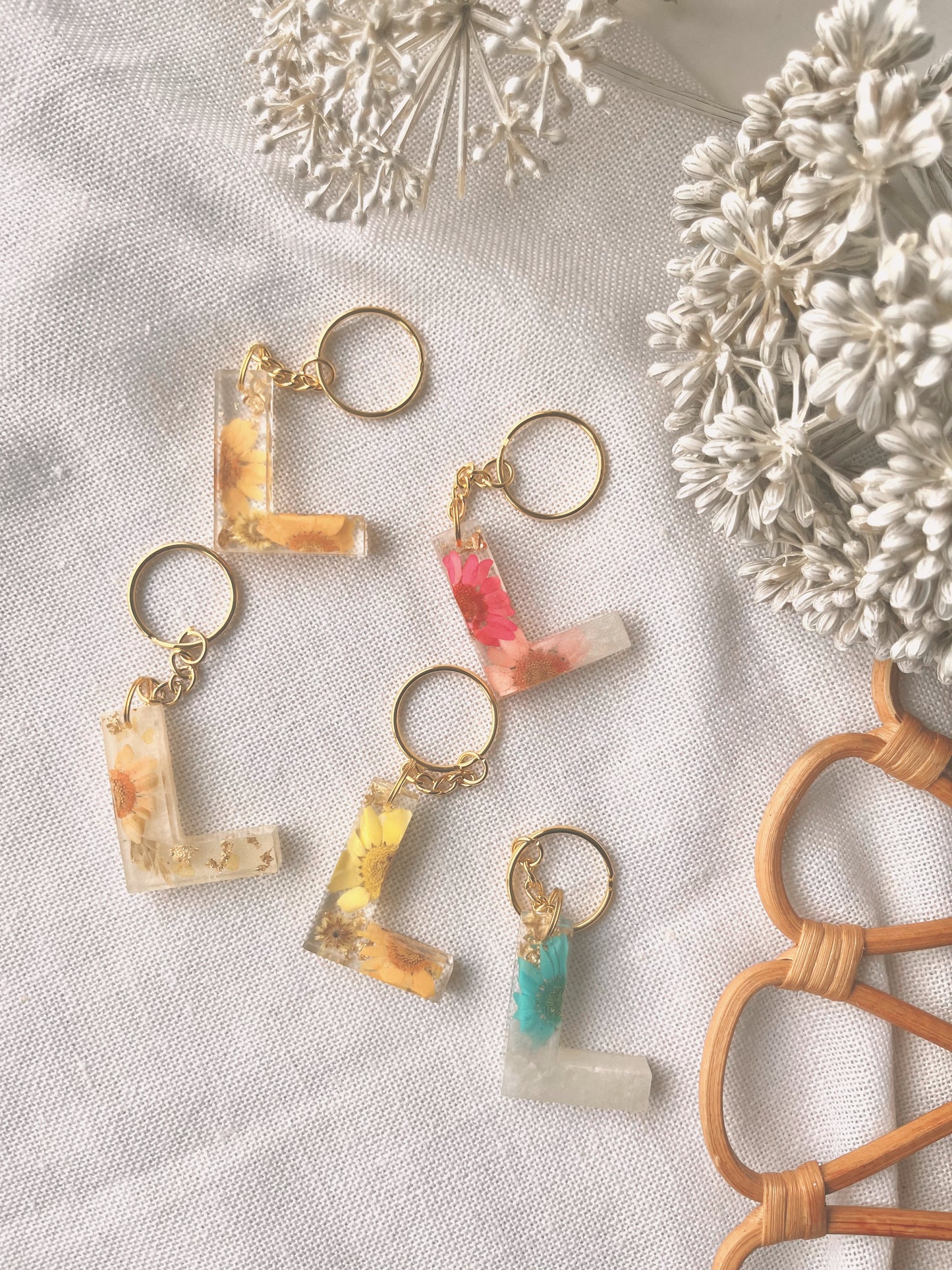 L in gold | Flower Resin Keychain : Ready to Ship