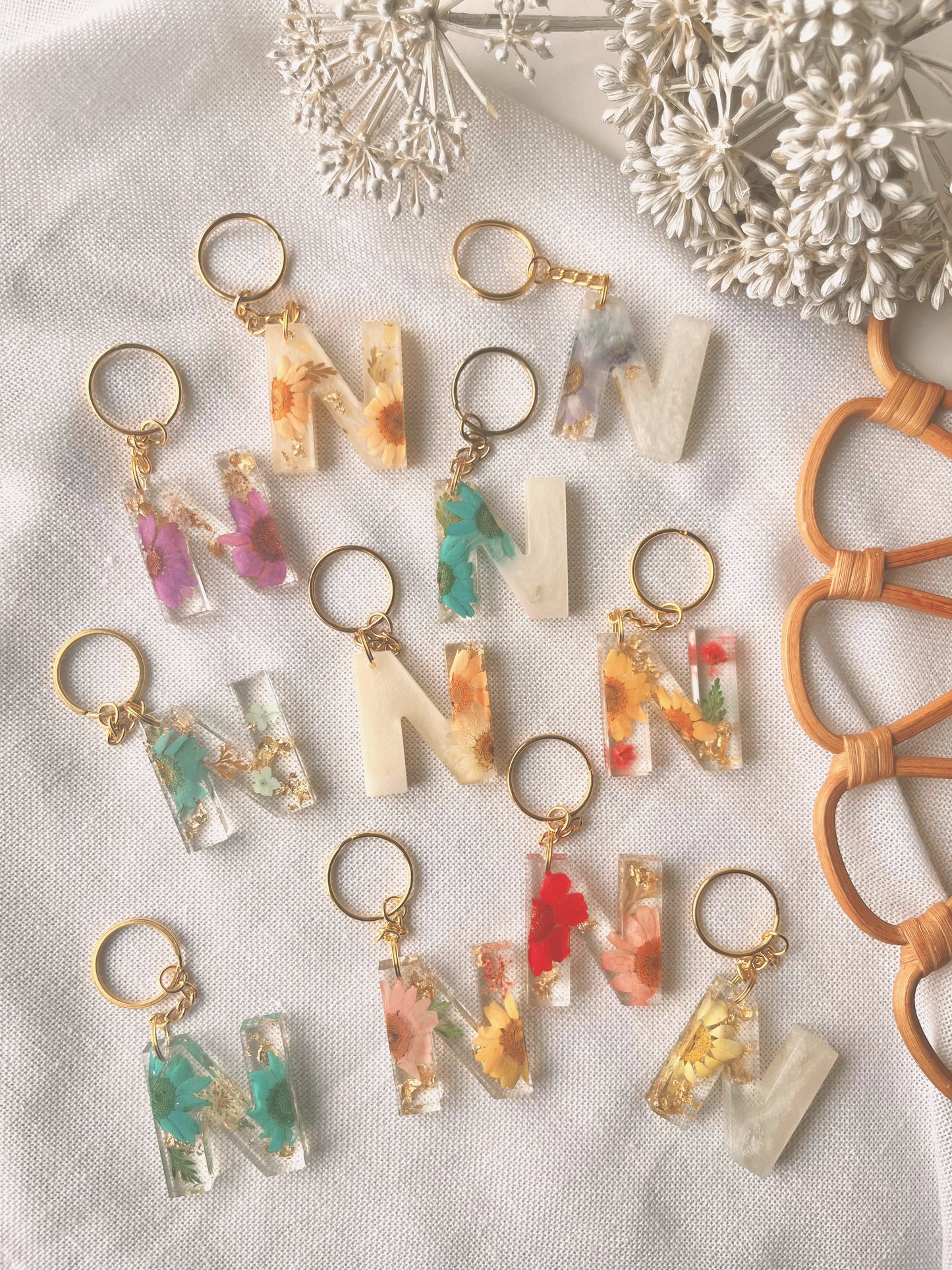 N in gold | Flower Resin Keychain : Ready to Ship