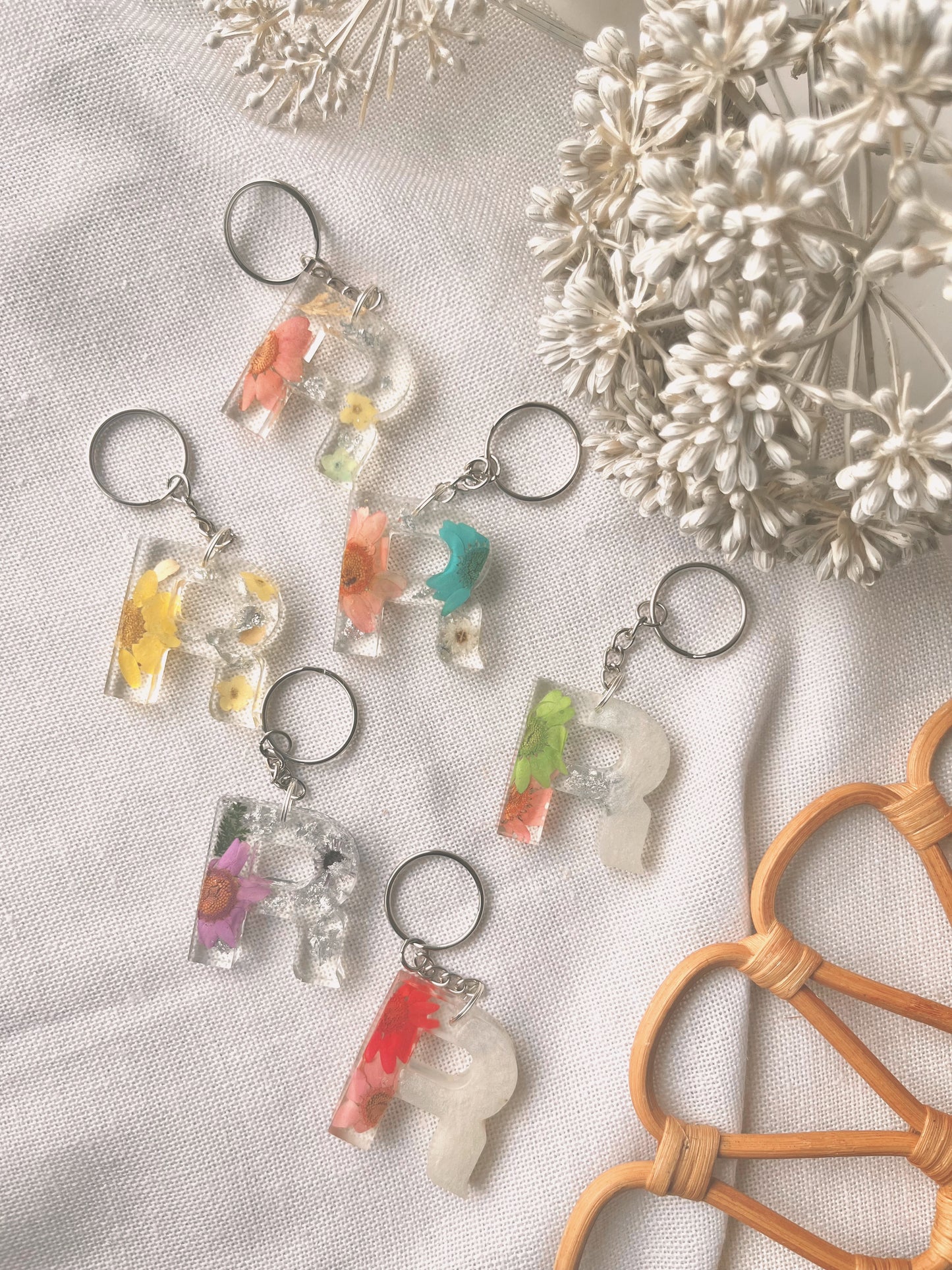 R in silver | Flower Resin Keychain : Ready to Ship