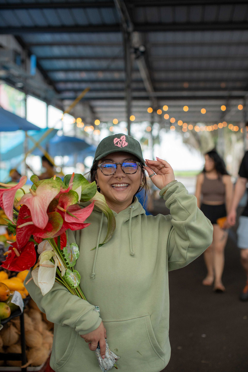 Pink Anthuriums in Olive | Corduroy Hat