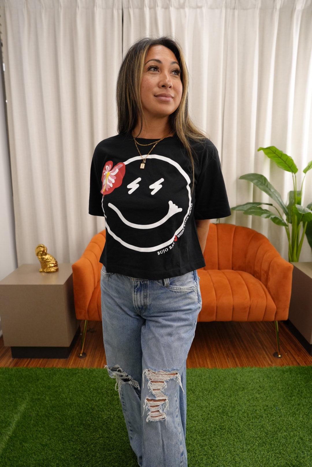 Red Anthurium x Smiley  | Boxy Tee by SHORT STACK HAWAII x BUJOBAE