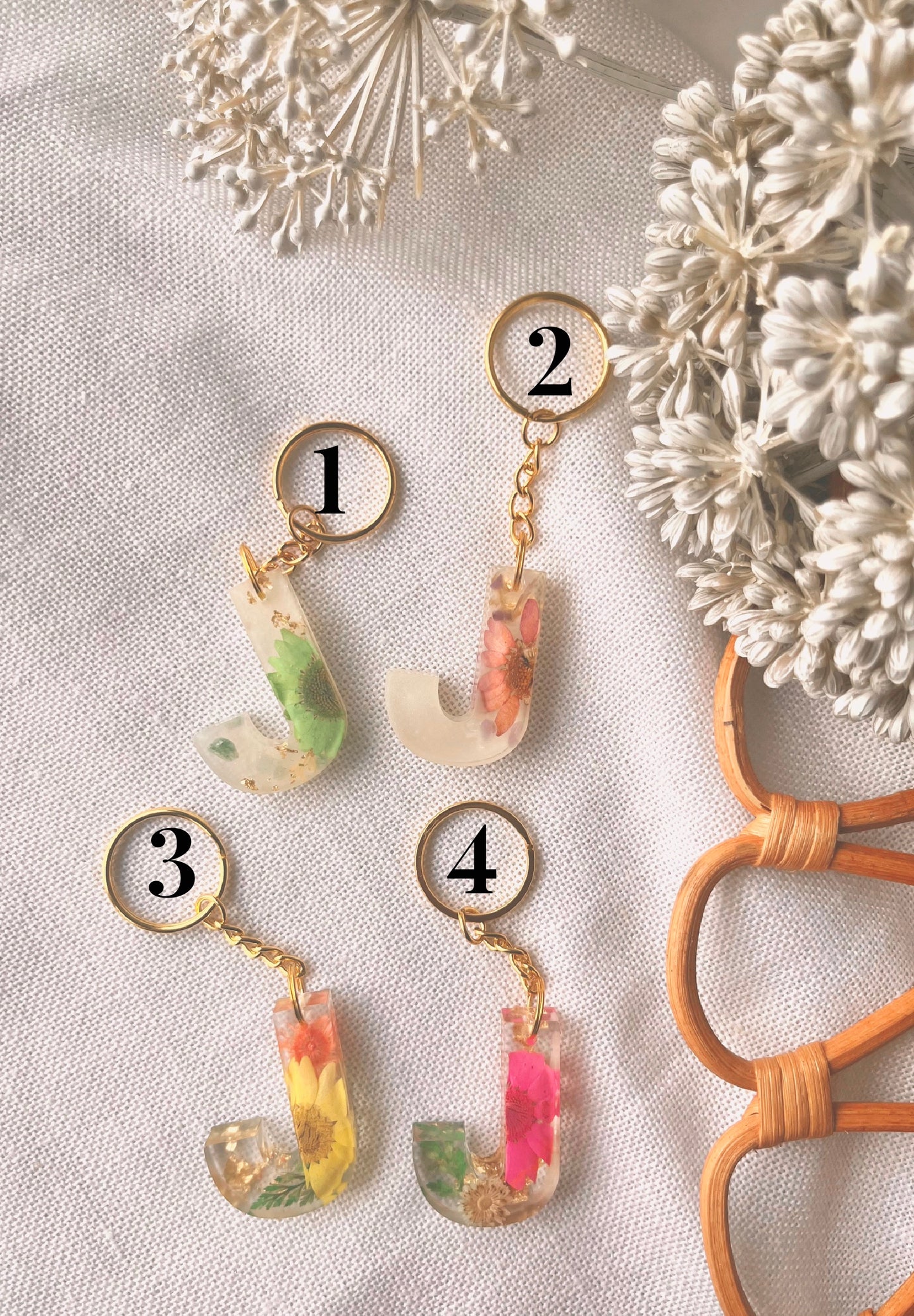 J in gold | Flower Resin Keychain : Ready to Ship